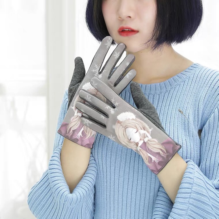 Gloves female winter suede motorcycle ride warm plus velvet plus thick velvet student cartoon cute autumn