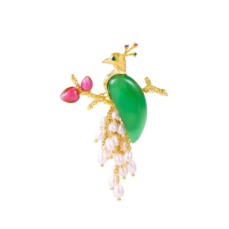 Emerald peacock brooch