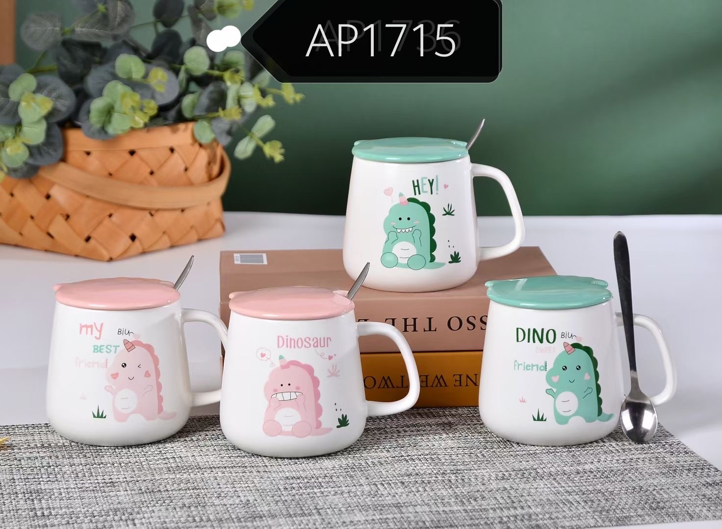 Ceramic water cup, a popular household and office cartoon ceramic cup with a lid, stainless steel spoon detail image 1