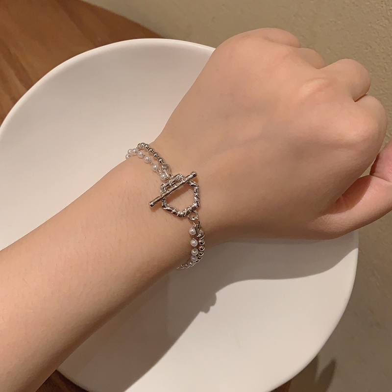 Double rice beads metal round beads OT buckle bracelet female Korean ins style niche design simple string bracelet