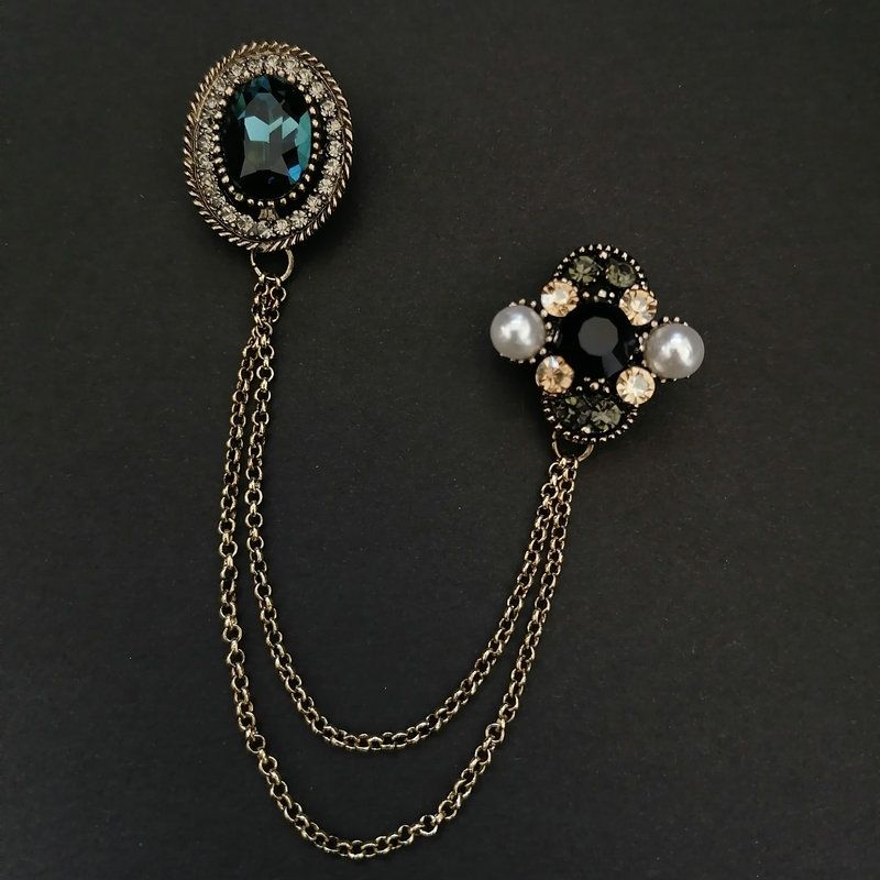 Vintage glass brooch with chain for women and men Exquisite and elegant suit coat accessories