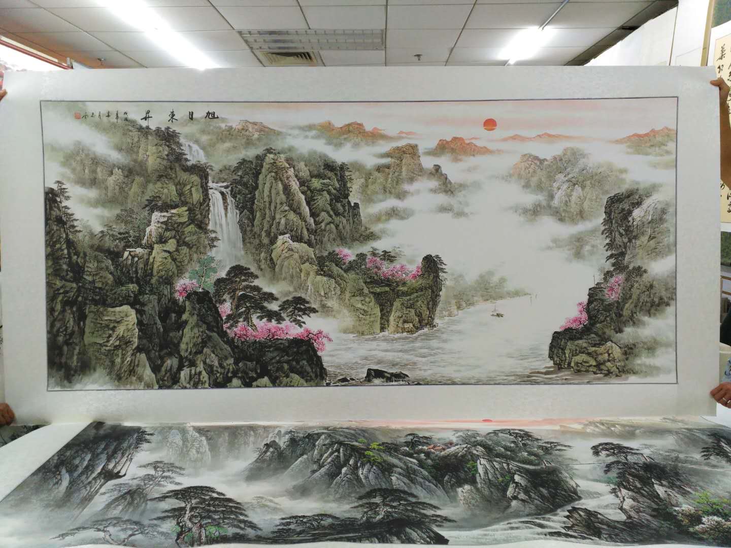 120x240 watermark printing: Landscape, rising sun, peach blossoms, Chinese painting, traditional Chinese painting decoration, hall, living room, traditional culture details Picture