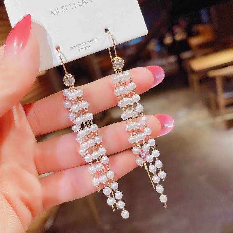 Pearl earrings new 2021 ear line temperament advanced sense of ocean air network red round face earrings super fairy long fringe
