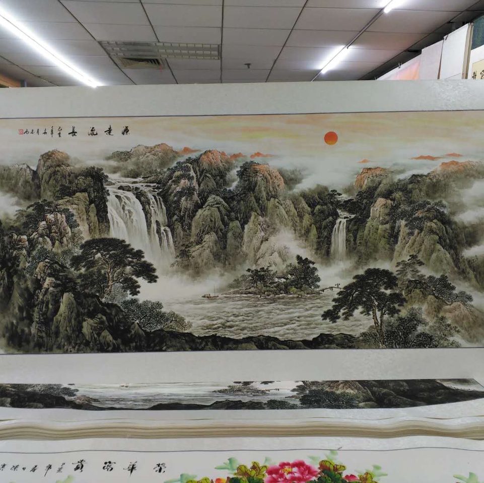 120x240 水印印刷山水源远流长黑白水墨中国画国画装修画大厅客厅传统文化