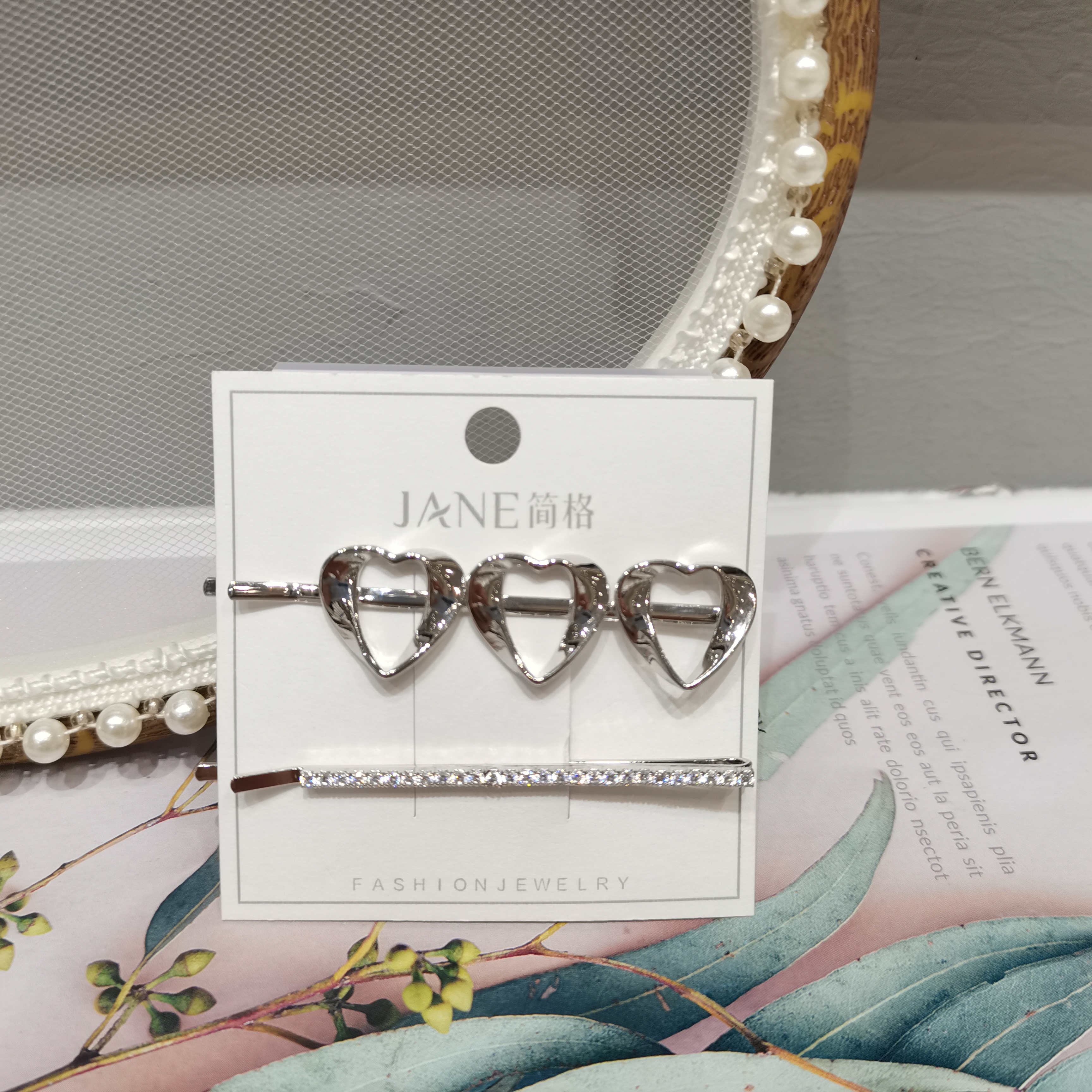 小时尚百搭款光面材质银色爱心镂空拼水钻一字夹两件套