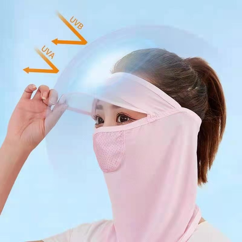 夏季带帽檐护颈护额头防尘遮阳面纱透气网冰丝防晒面罩粉图