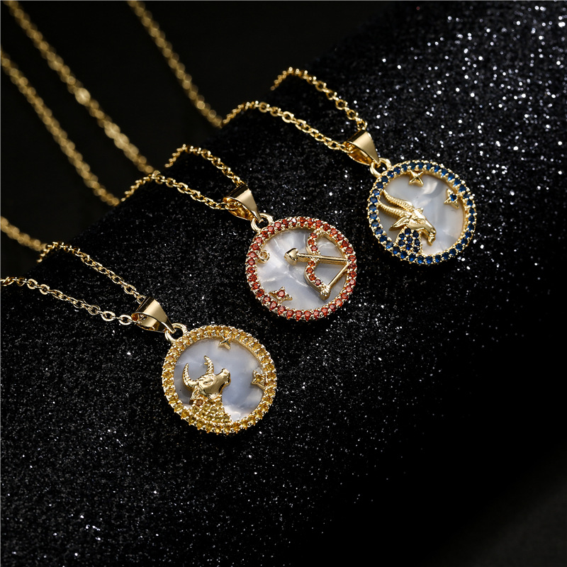 Cross-border supply genuine gold electroplated copper micro-inlaid colored zirconium jewelry, popular 12 zodiac pendant necklaces in Europe and America detail image 5