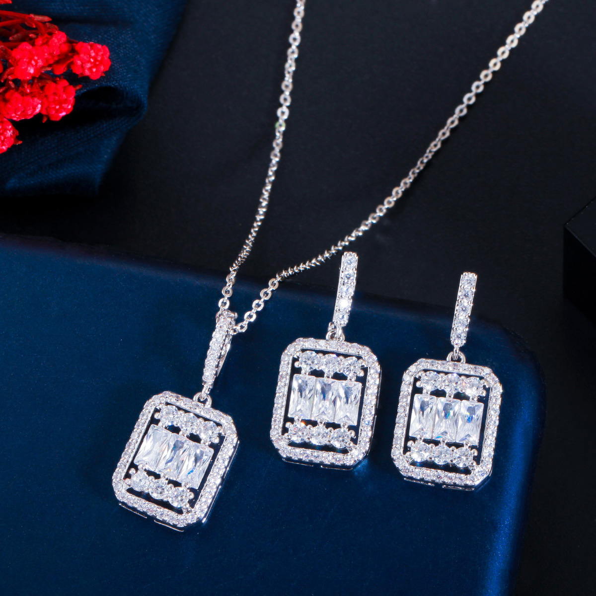 South Korea zircon necklace earrings two sets of simple female S925 silver needle micro-inset zircon earrings wholesale