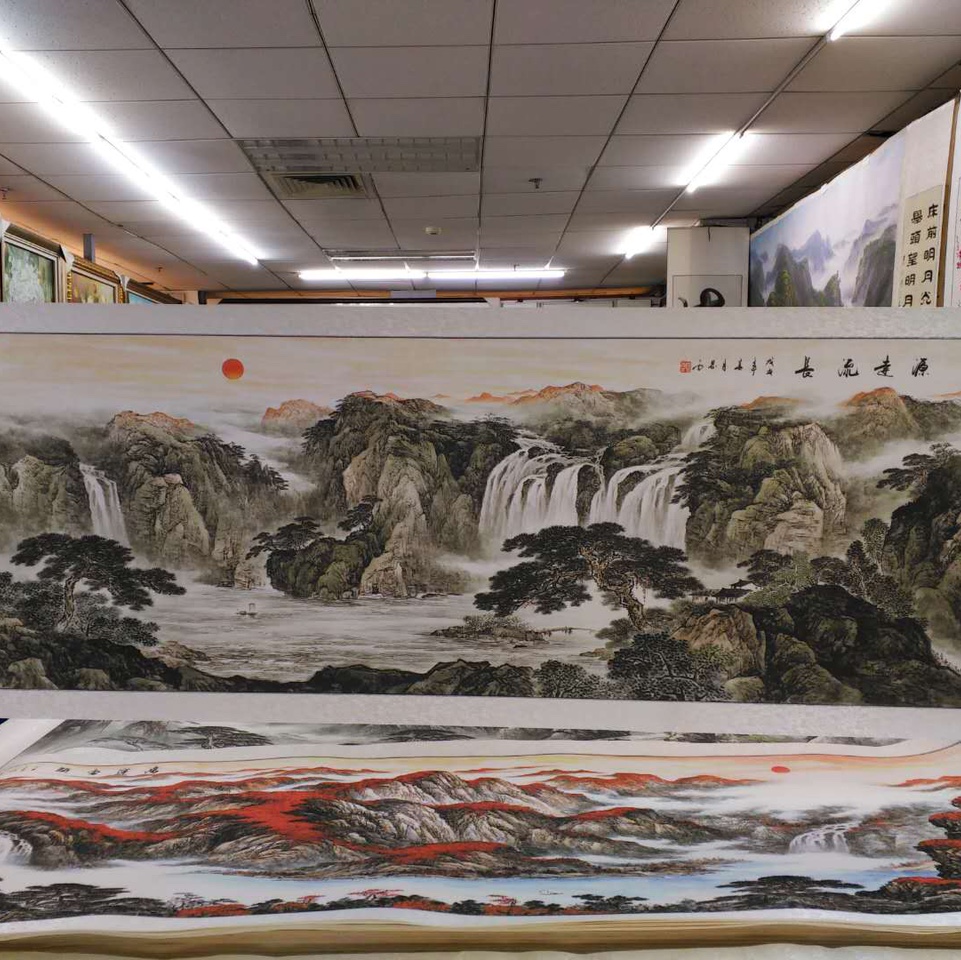 80x240水印印刷黑白水墨源远流长山水国画中国画传统装饰画