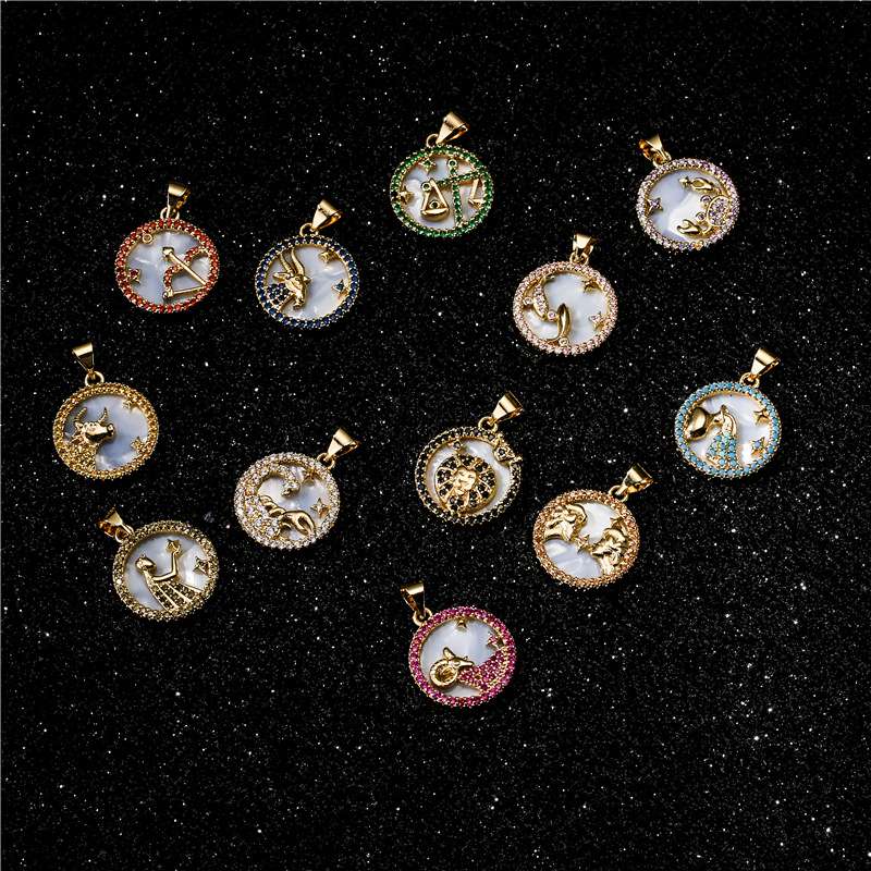 Cross-border supply genuine gold electroplated copper micro-inlaid colored zirconium jewelry, popular 12 zodiac pendant necklaces in Europe and America detail image 3