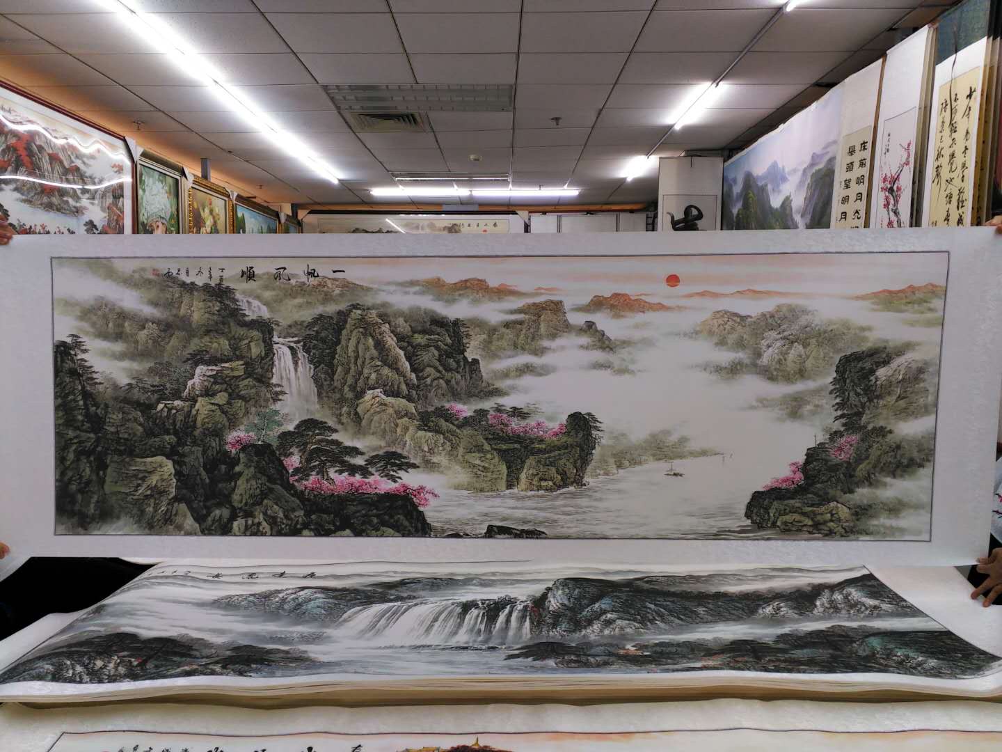 80x240水印印刷一帆风顺桃花山水国画中国画传统装饰画产品图
