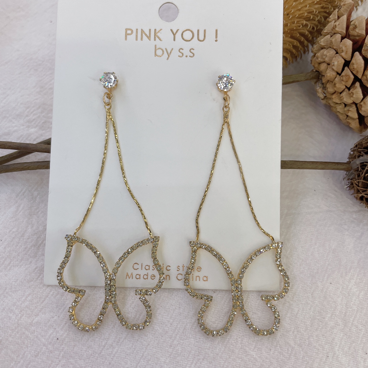 Baroque rhinestones butterfly long anti-allergy fashion irregular geometric stud earrings Trend earrings personality exaggerated accessories