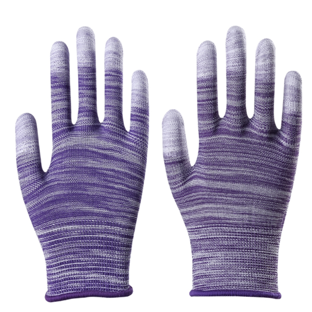 Purple striped finger-coated nylon PU finger-coated gloves Coated with rubber dipping rubber coated hands electronic dust-free anti-static protective gloves full figure
