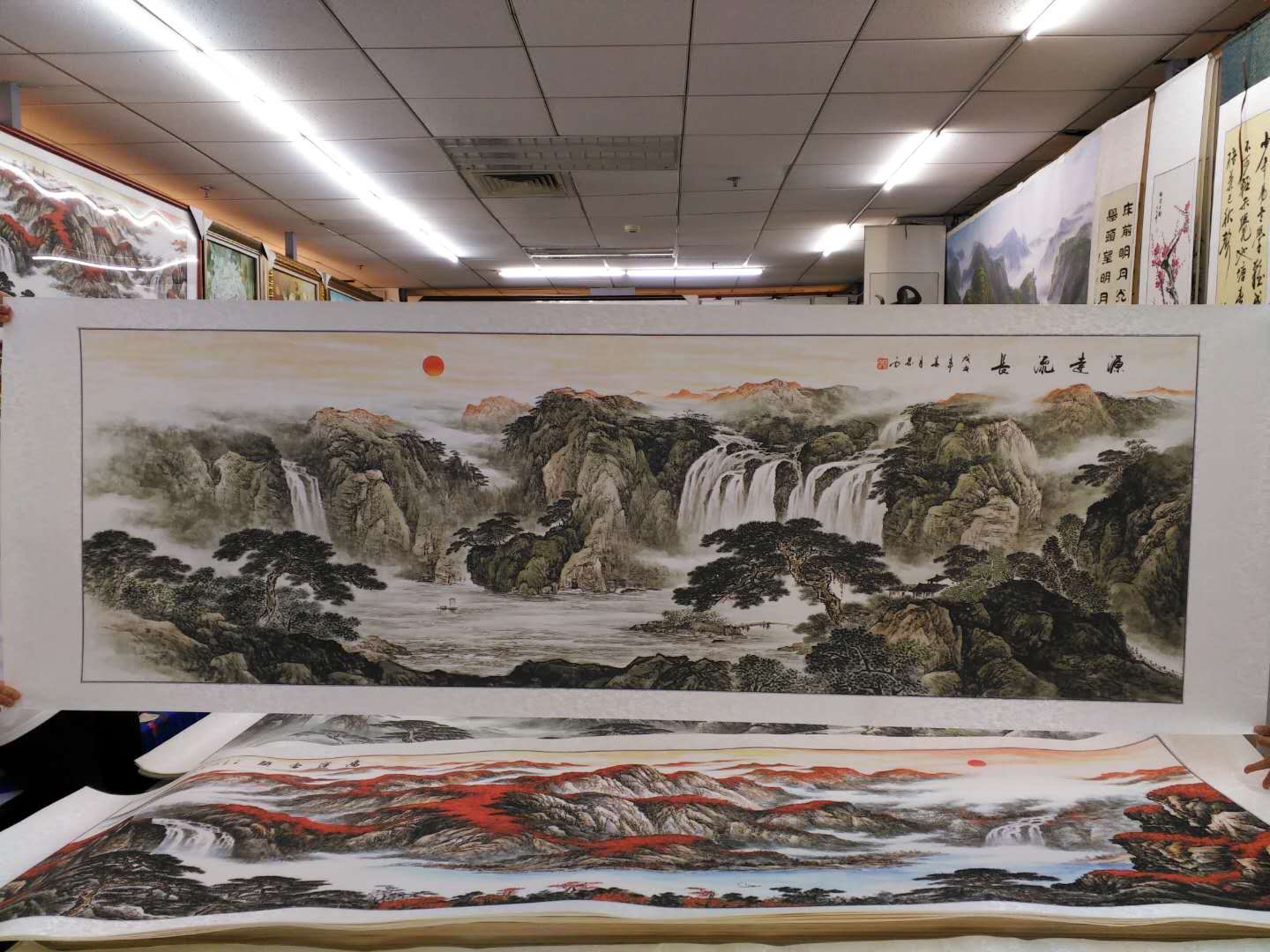 80x240水印印刷黑白水墨源远流长山水国画中国画传统装饰画产品图