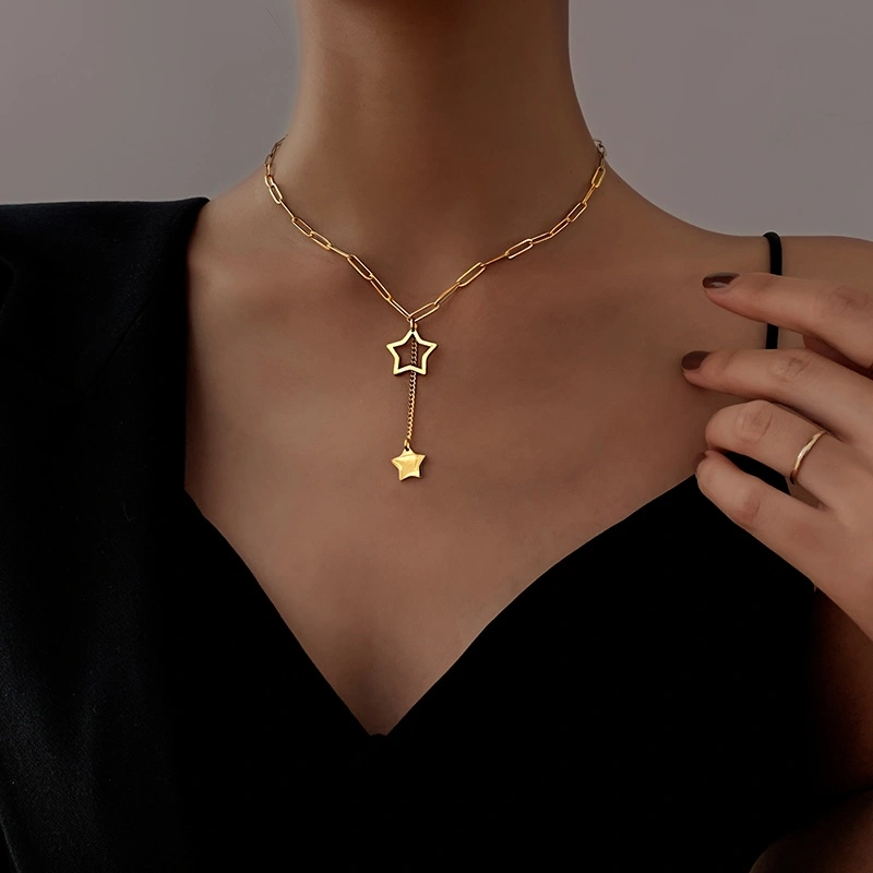 Five-Pointed Star Necklace Female Ins Street Personality Heart Pendant Cold Wind Titanium Steel Clavicle Chain Jewelry