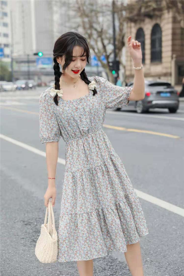 AMD- Waist-cinching and slimming floral print dress for Women 2021 Korean version mid-length short-sleeved summer dress, blue 5D2127301 Specification image