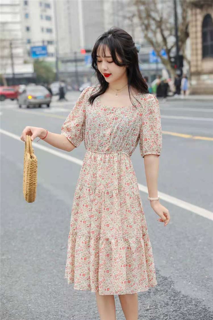 AMD- Waist-cinching and slimming floral print dress for Women 2021 Korean version mid-length short-sleeved summer dress, pink 5D2127301 details Picture
