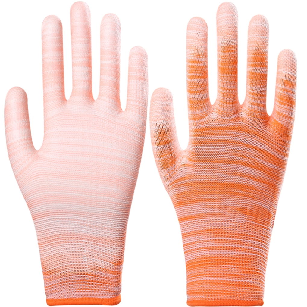 Orange striped finger-coated nylon PU finger-coated gloves Coated with rubber dip rubber coated hands electronic dust-free anti-static protective gloves