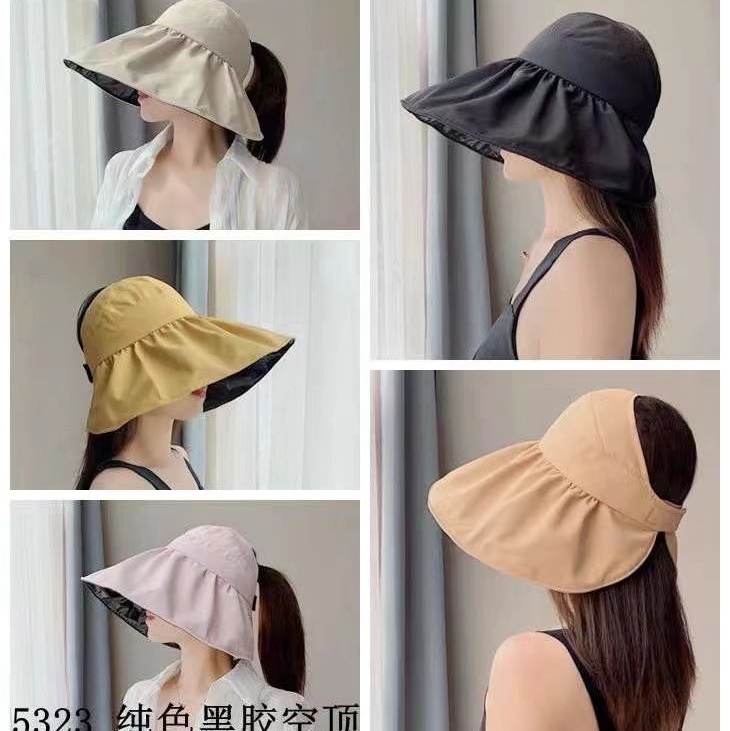 财帽双全帽业厂家直销批发黑胶空顶防晒帽女夏季大帽檐防紫外线可折叠渔夫帽