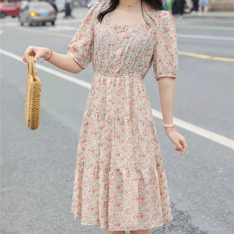 AMD- Waist-cinching and slimming floral print dress for Women 2021 Korean version mid-length short-sleeved summer dress, pink 5D2127301
