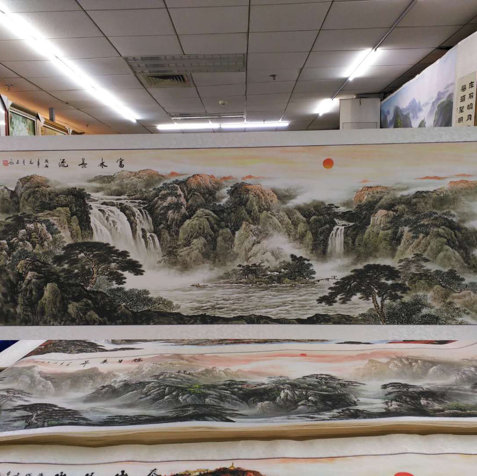 80x240水印印刷富水长流山水黑白水墨国画中国画传统装饰画
