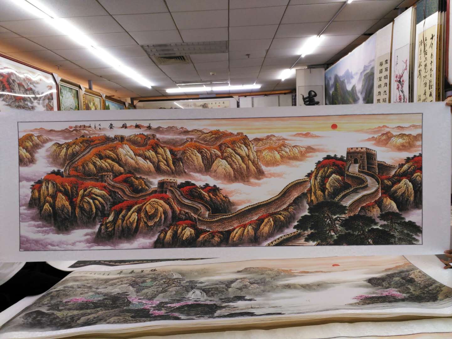 80x240水印印刷长城雄姿红色山水国画中国画传统装饰画产品图