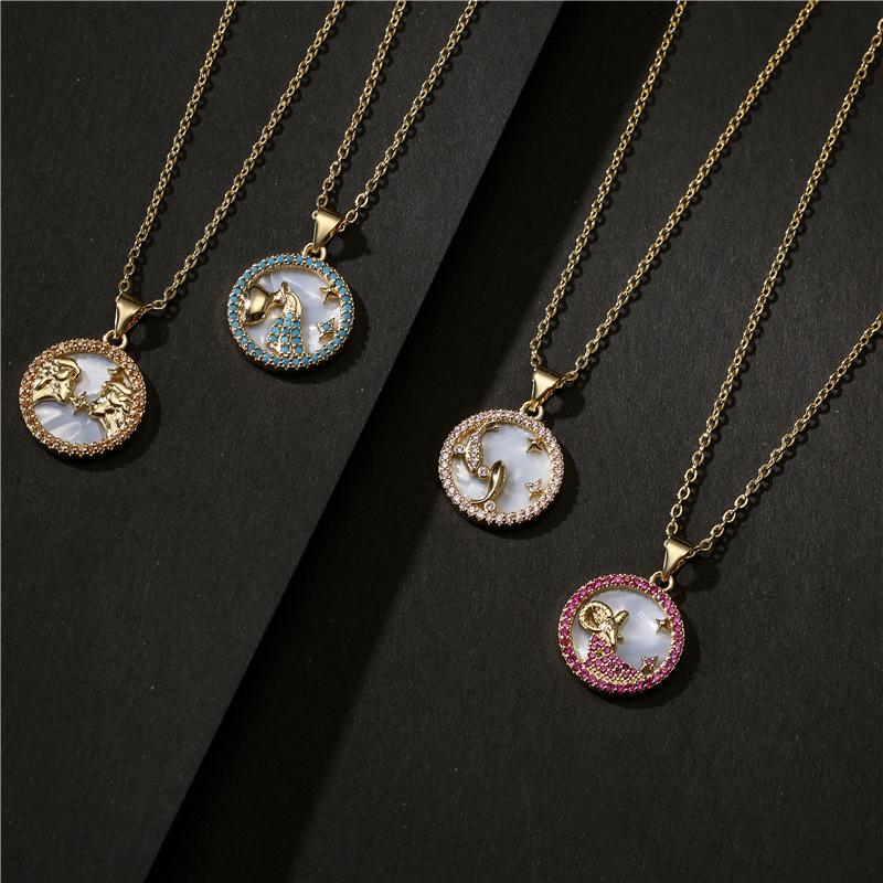 Cross-border supply genuine gold electroplated copper micro-inlaid colored zirconium jewelry, popular 12 zodiac pendant necklaces in Europe and America detail image 6