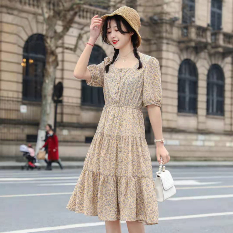 AMD- Waist-cinching and slimming floral print dress for Women 2021 Korean version mid-length short-sleeved summer dress, purple 5D2127301