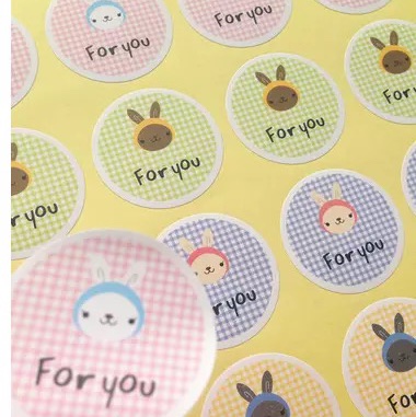 批发清新格子foryou可爱小兔子四色圆形封口贴diy烘焙贴纸
