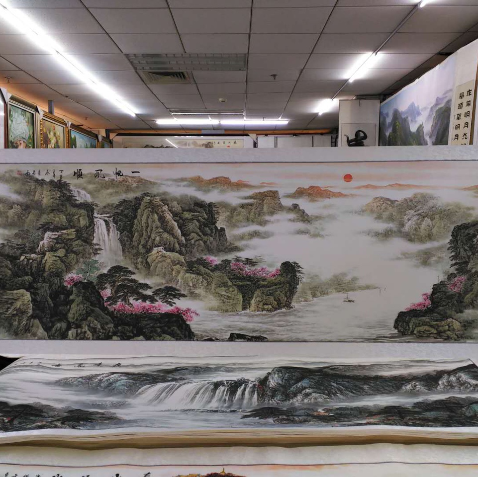 80x240水印印刷一帆风顺桃花山水国画中国画传统装饰画图