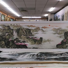 80x240水印印刷一帆风顺桃花山水国画中国画传统装饰画