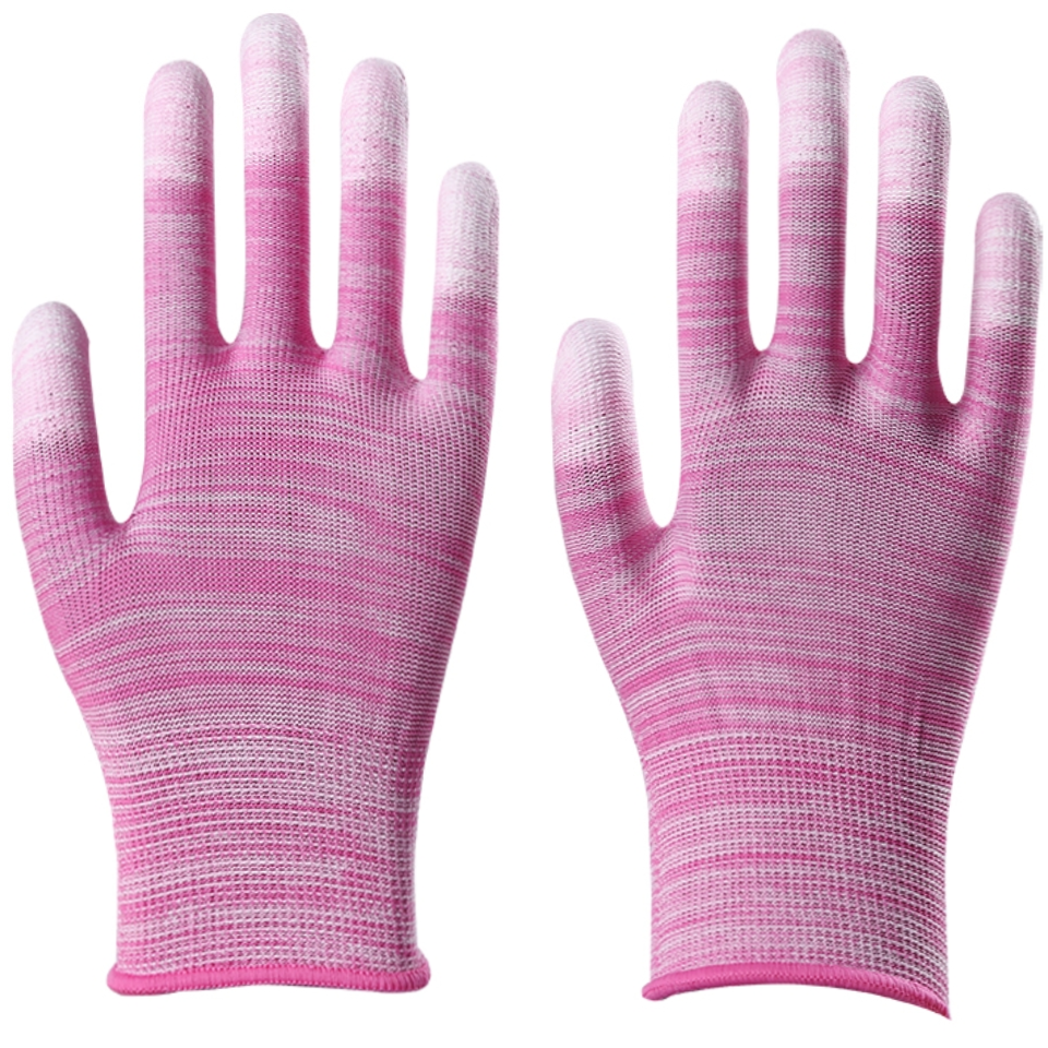 Pink stripe with thin fingers Nylon PU finger-coated gloves with rubber dipping rubber coated hands Electronic dust-free anti-static protective gloves full figure