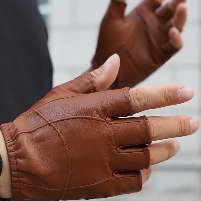 Leather gloves Autumn and winter gloves Men's half-finger sports gloves Bare fingers thin leather gloves men's