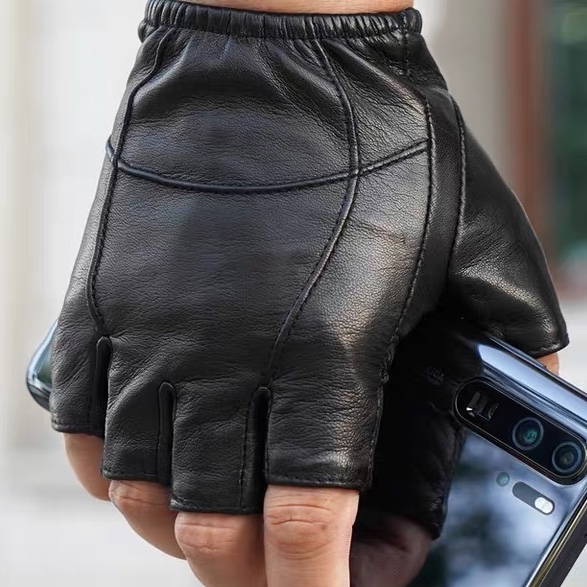 Leather gloves Autumn and winter gloves Men's half finger sports cycling gloves Bare finger thin leather gloves for men
