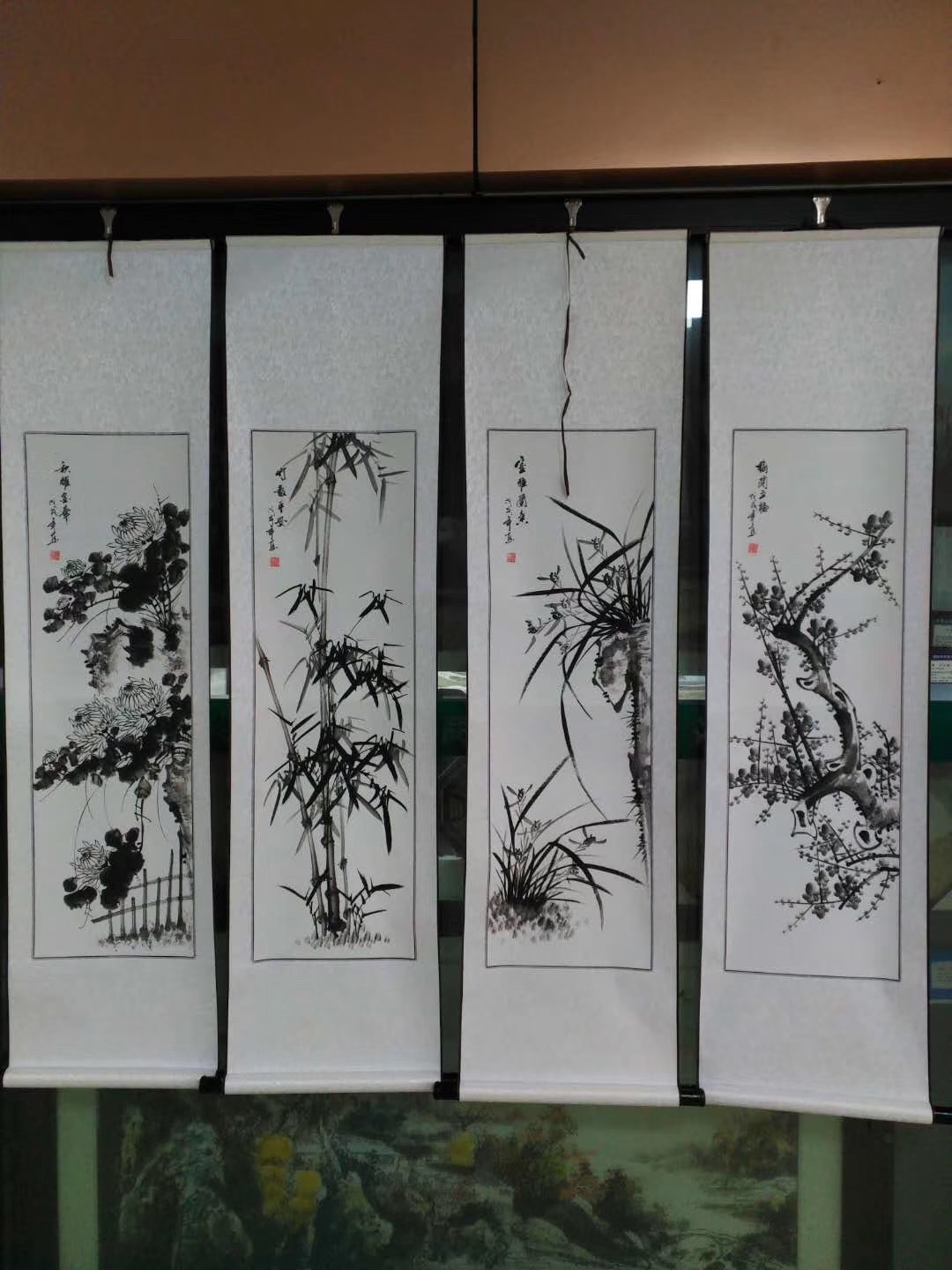 四条屏手绘黑白水墨梅兰竹菊四联中式中国画国画装饰画产品图