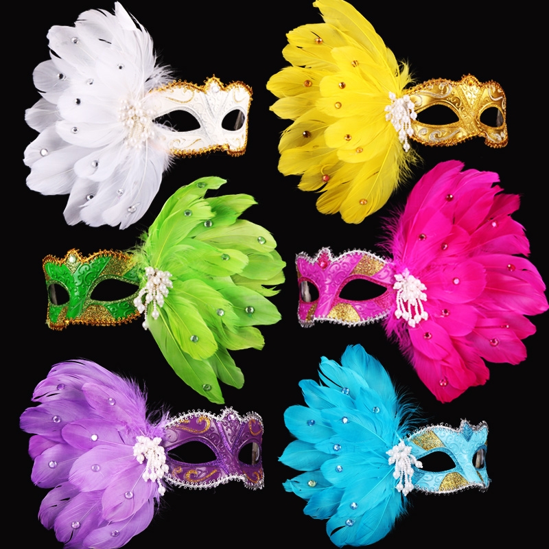 万圣节化妆舞会表演面具威尼斯彩绘羽毛半脸蕾丝美女公主珍珠面具7