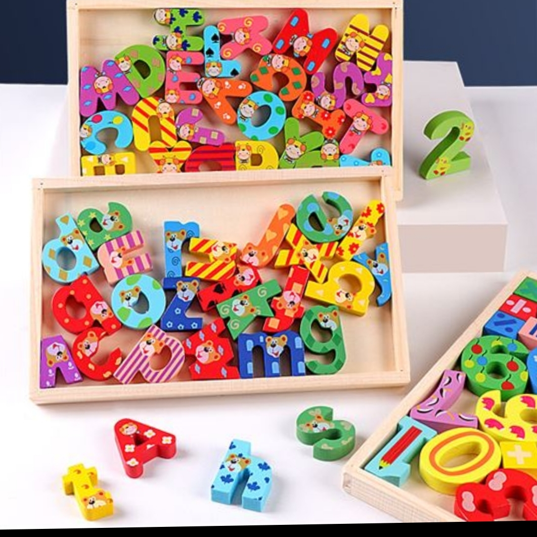 A children's wooden 26 upper and lower case English letter early education word spelling recognition box for toddlers