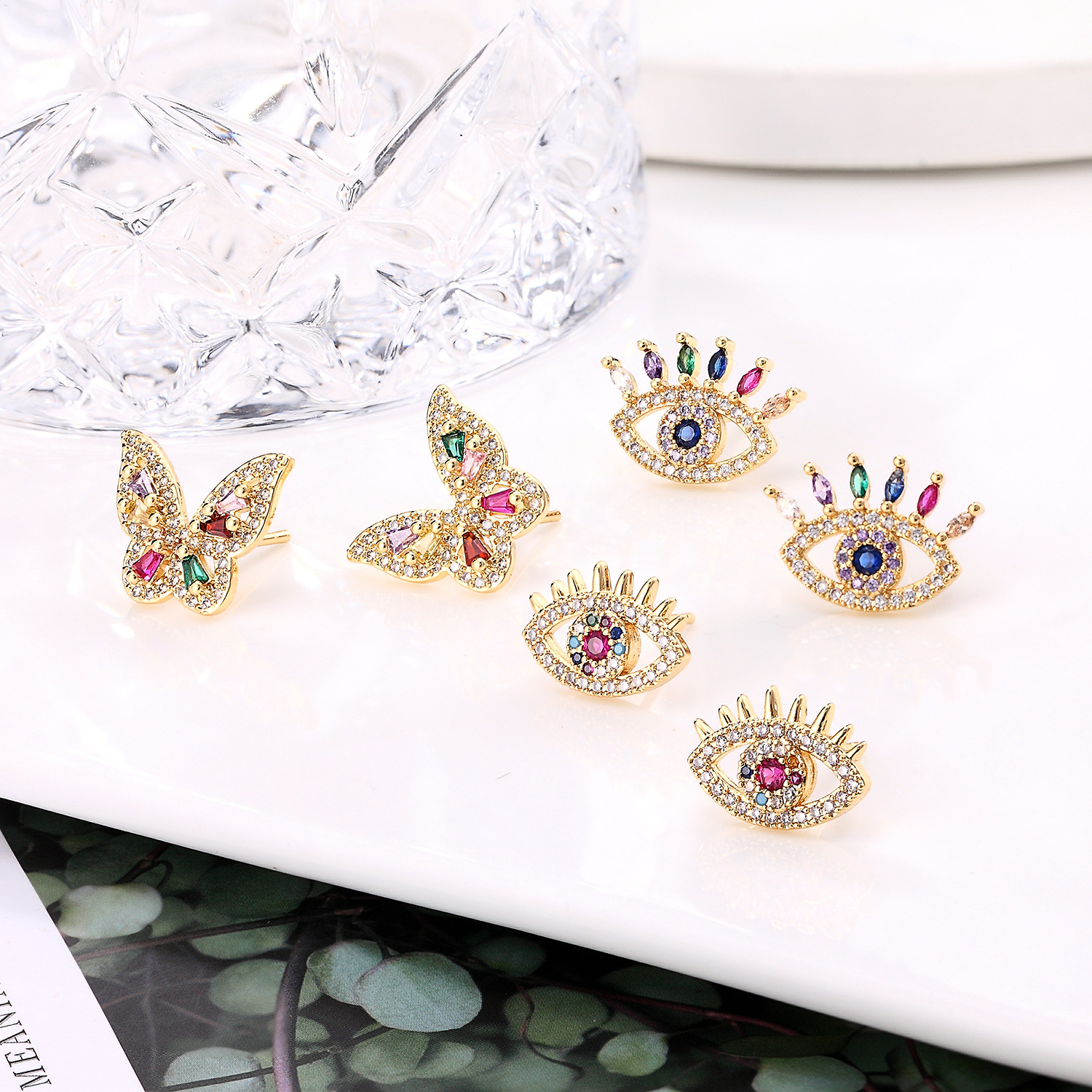 Micro-inset CZ Zircon jewelry Gold Butterfly Evil Eye series design simple Japanese Korean version of small fresh earrings