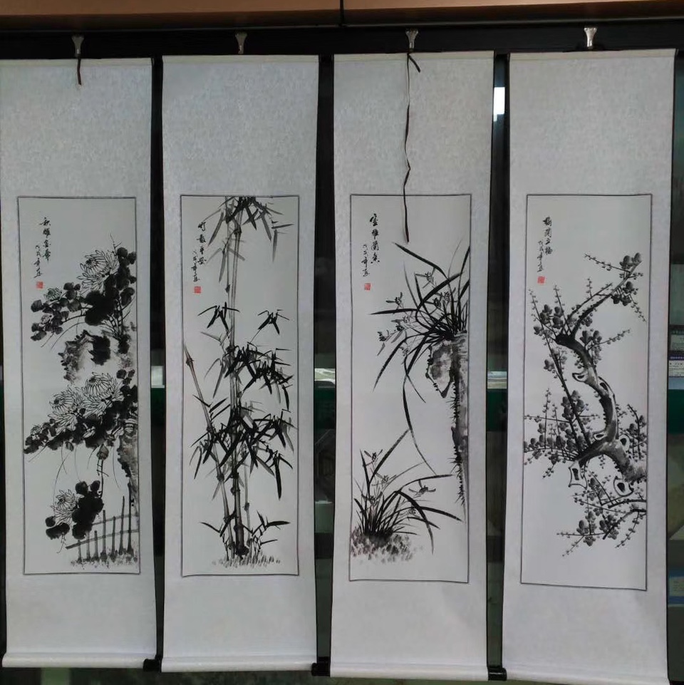 四条屏手绘黑白水墨梅兰竹菊四联中式中国画国画装饰画