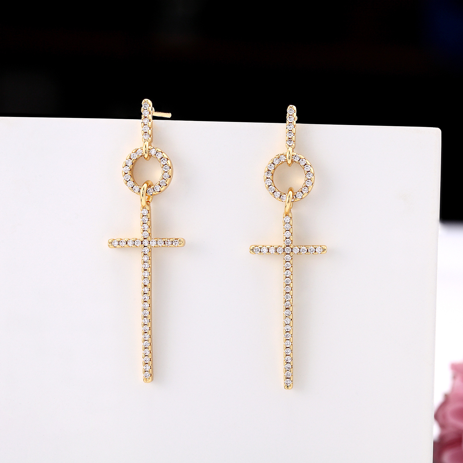 Full diamond micro inset CZ zircon long gold texture women's cross fringe Moon star stud earrings