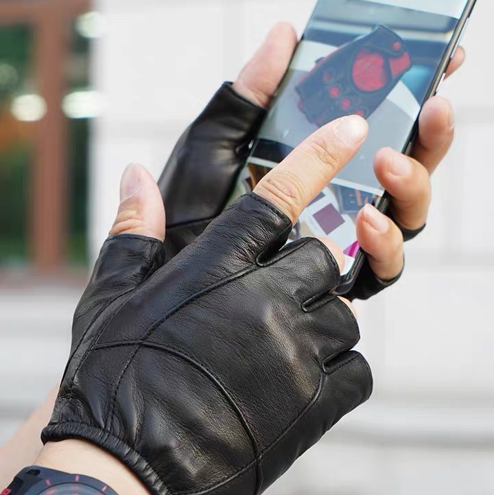 Leather gloves Autumn and winter gloves Men's half-finger sports cycling gloves Bare fingers thin leather gloves