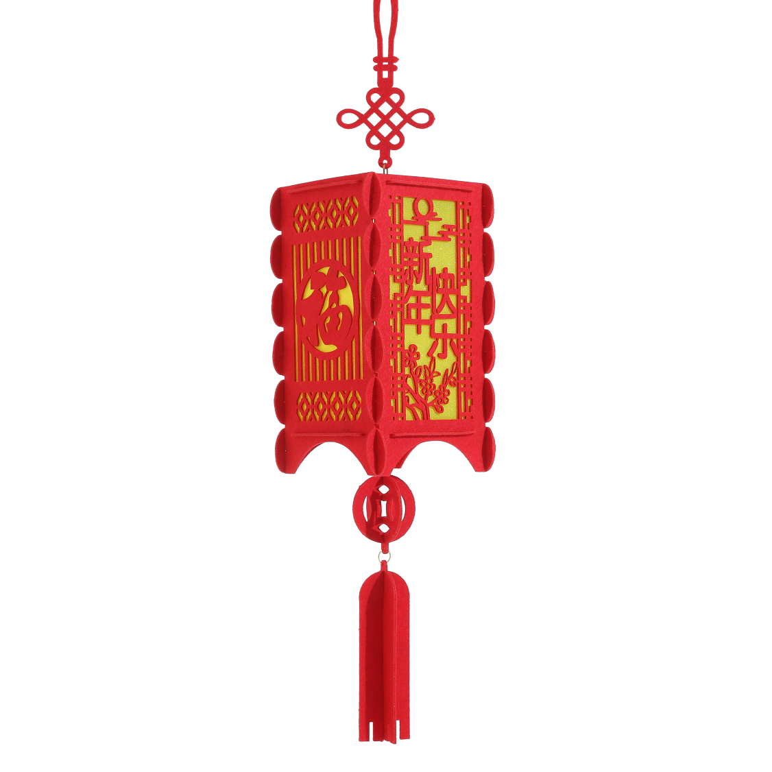 Spring Festival plush small lanterns are hung on trees as New Year decorations. Big red outdoor bonsai are used for indoor decoration during the Spring Festival full figure