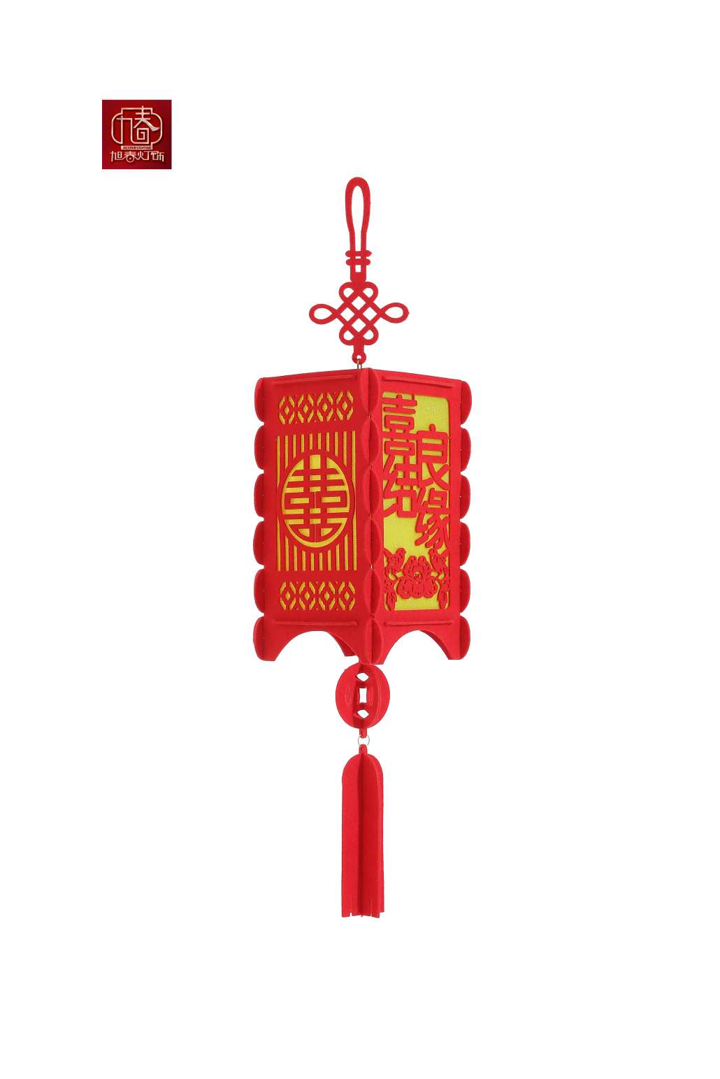 Spring Festival plush small lanterns are hung on trees as New Year decorations. Big red outdoor bonsai are used for indoor decoration during the Spring Festival full figure