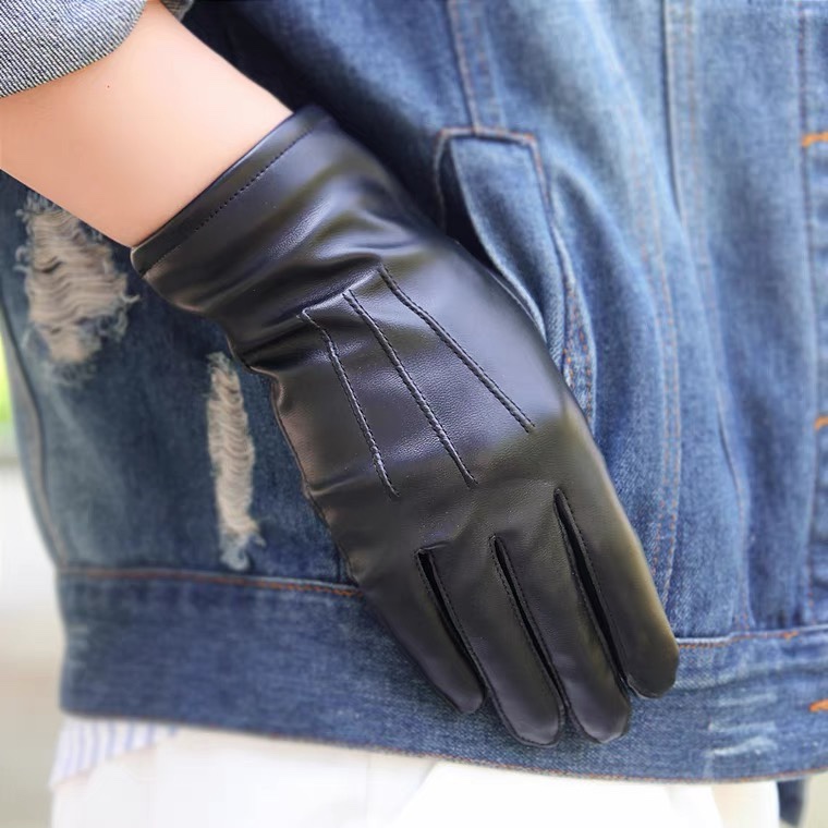 Autumn PU leather gloves for women plus fleece thickened warm driving wash leather gloves touch screen thin repair hand
