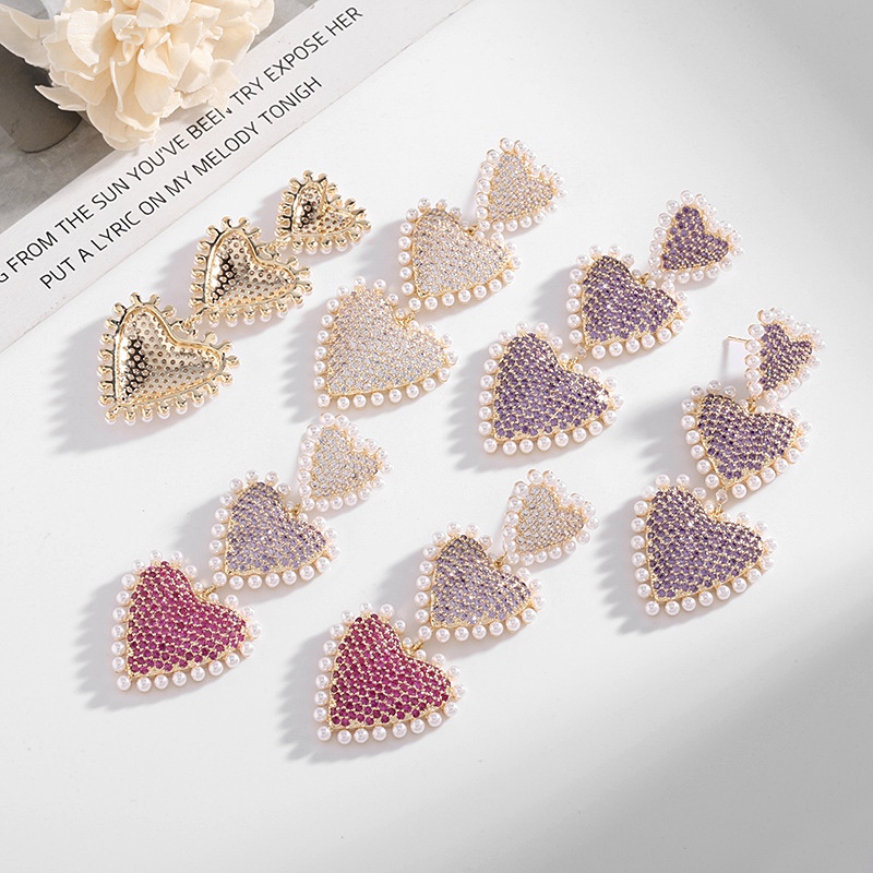 Micro-inlaid zircon peach heart long earrings, fashion trend.