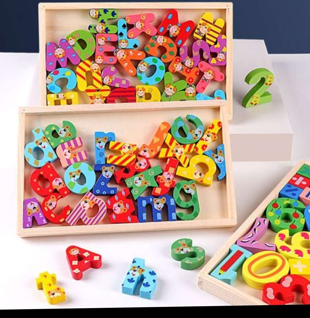 A children's wooden 26 upper and lower case English letter early education word spelling recognition box for toddlers details Picture