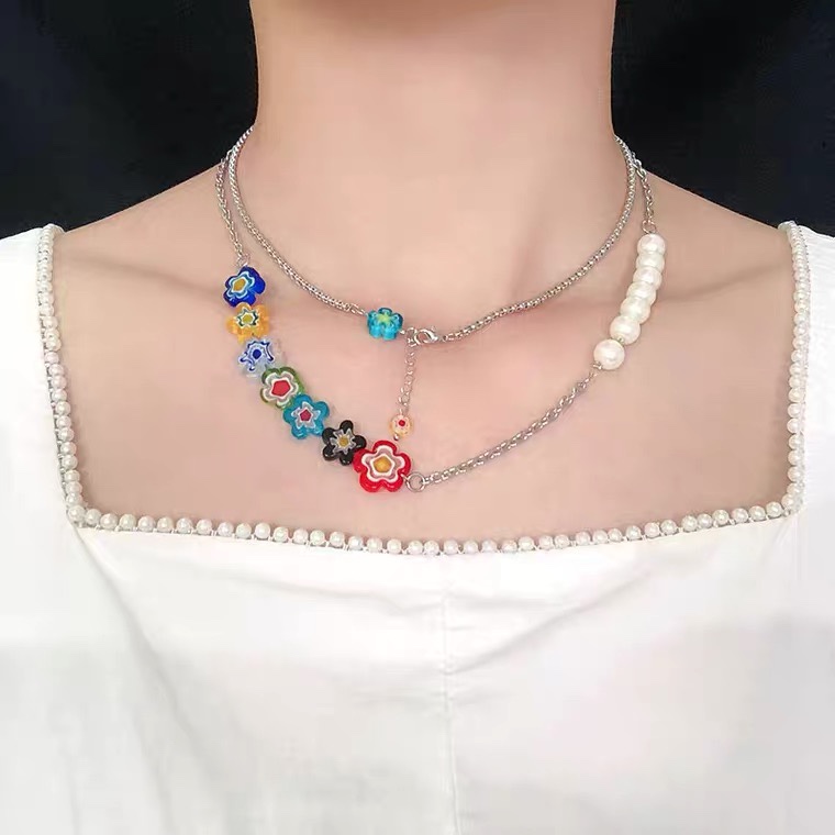 316 彩色琉璃小花朵拼接珍珠项链女网红糖果色锁骨链