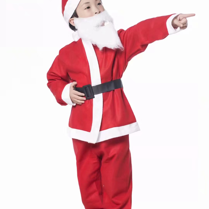 圣诞儿童服装男孩圣诞套装装衣服帽子胡须腰带裤子5件套