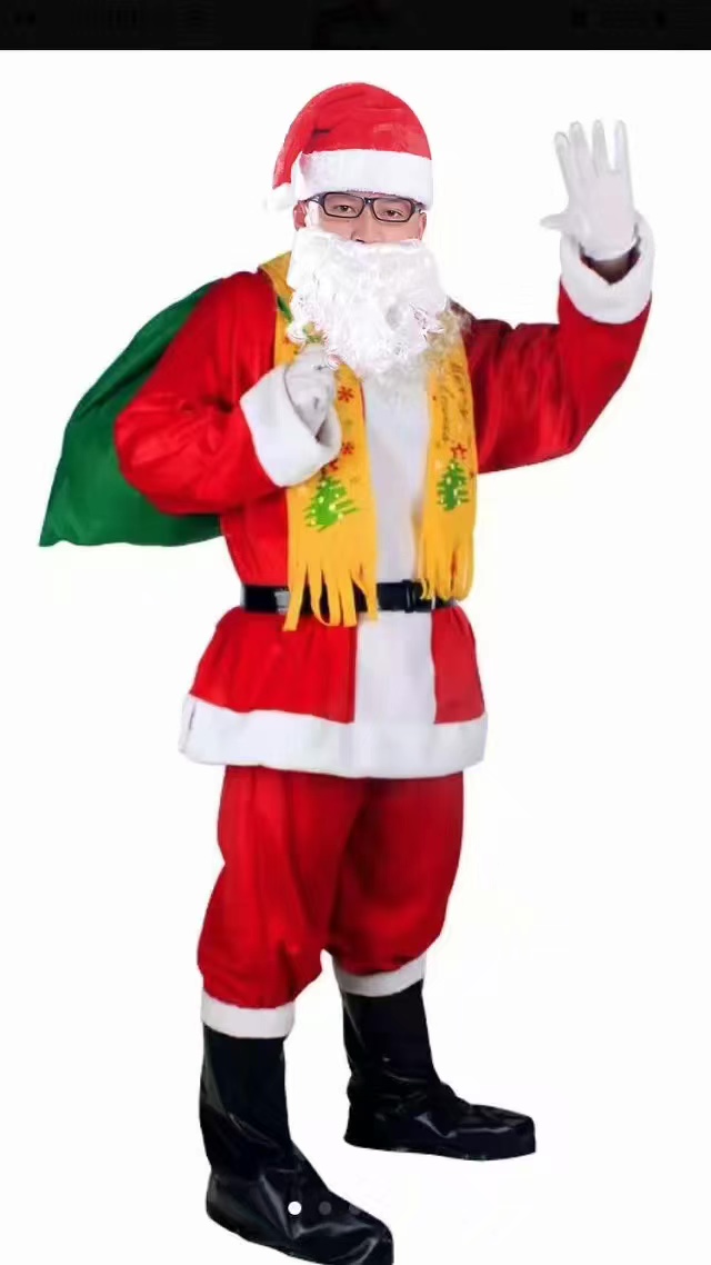 A 10-piece Santa Claus suit of clothes, hat, beard, trousers, belt, gloves, gift bag, scarf and leather boots Application Scenario