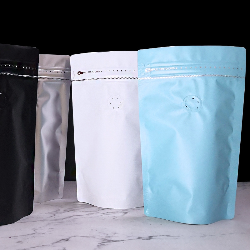 Coffee bag Color aluminum foil bag self-contained self sealing side zipper air valve bag food bag half pound white dumb membrane bag 15*23+5 Specification drawing